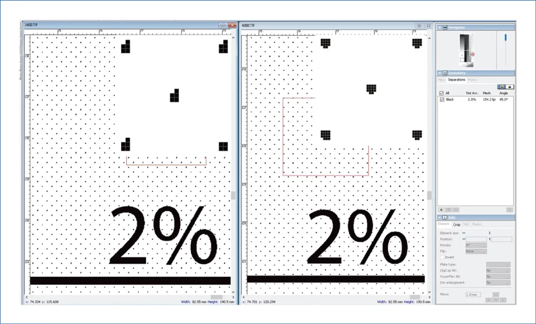 2400×2400dpi（左）与4000×4000dpi（右）分辨率150LPI的2%网点比较